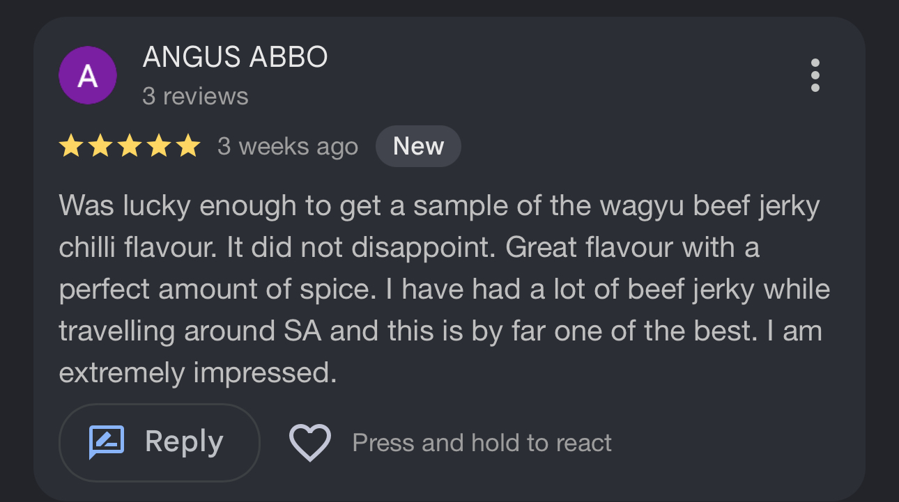 Five star customer review from ANGUS ABBO.