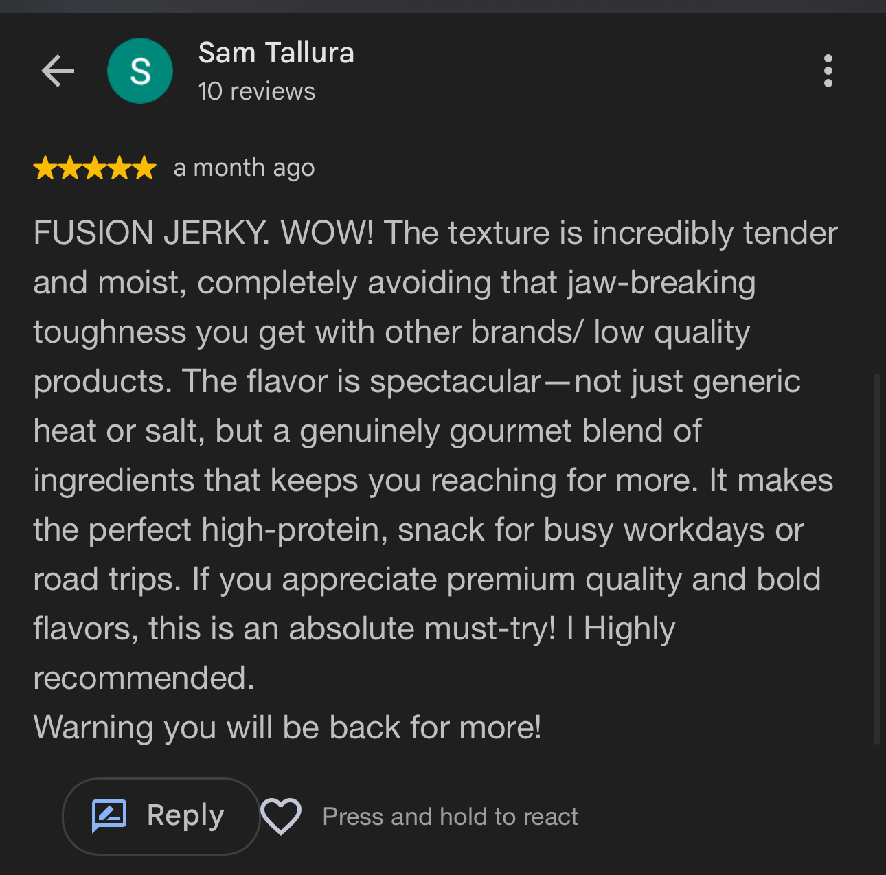 Five star customer review from Sam Tallura.